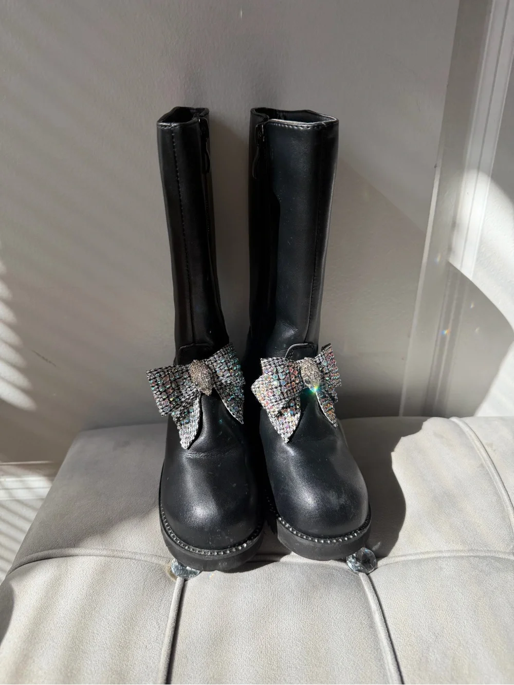 Kurt Geiger Black Kids Knee-High Boots with Rhinestone Bow